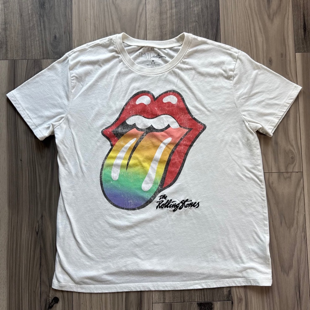 Time and Tru The Rolling Stones Rainbow Tongue Logo Graphic T-Shirt White M 8-10